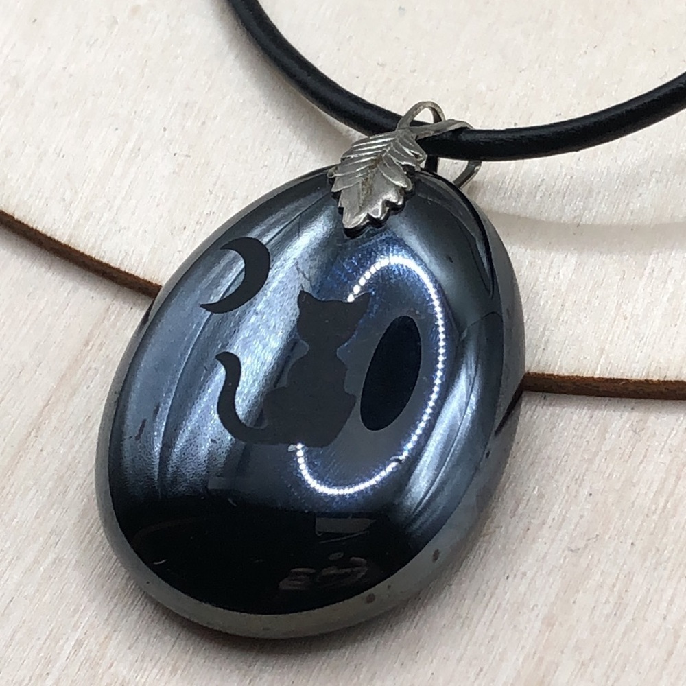 Artisan stone bead black cat and moon statement size pendant dark romantic.
